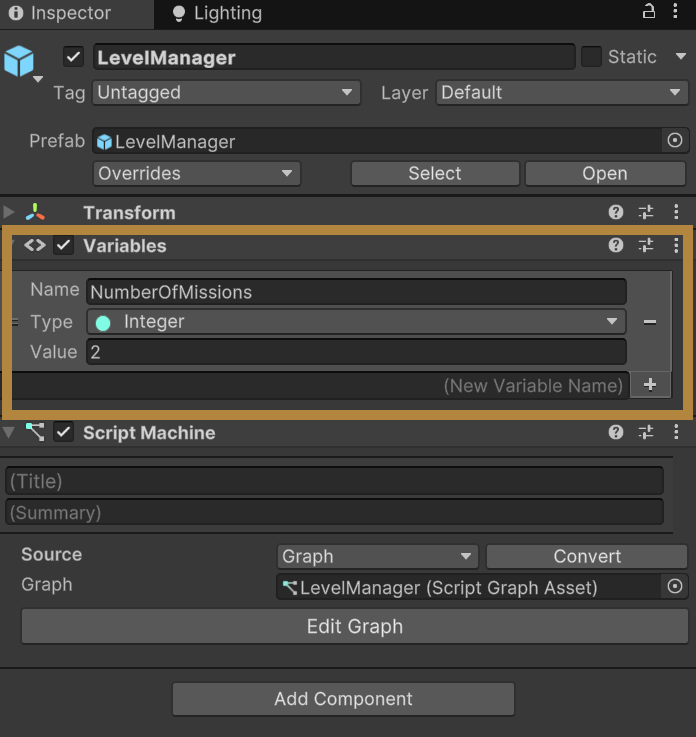 Level Manager NumberOfMissions in Inspector