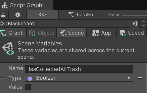 Trash Bin HasCollectedAllTrash scene variable