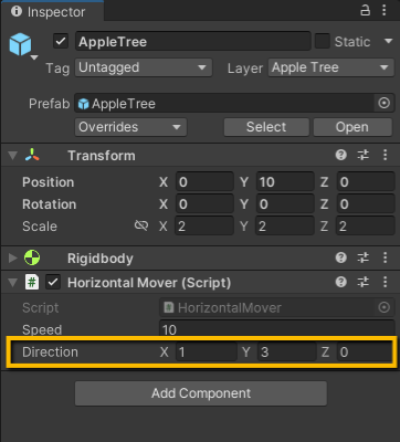 Horizontal Mover Component - In Editor