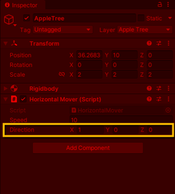 Horizontal Mover Component - In Play Mode