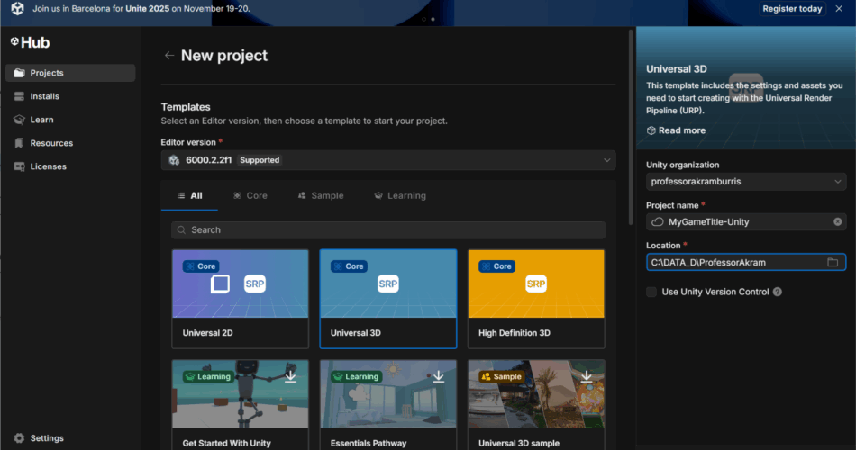Unity Hub - New Unity (6.2) Project