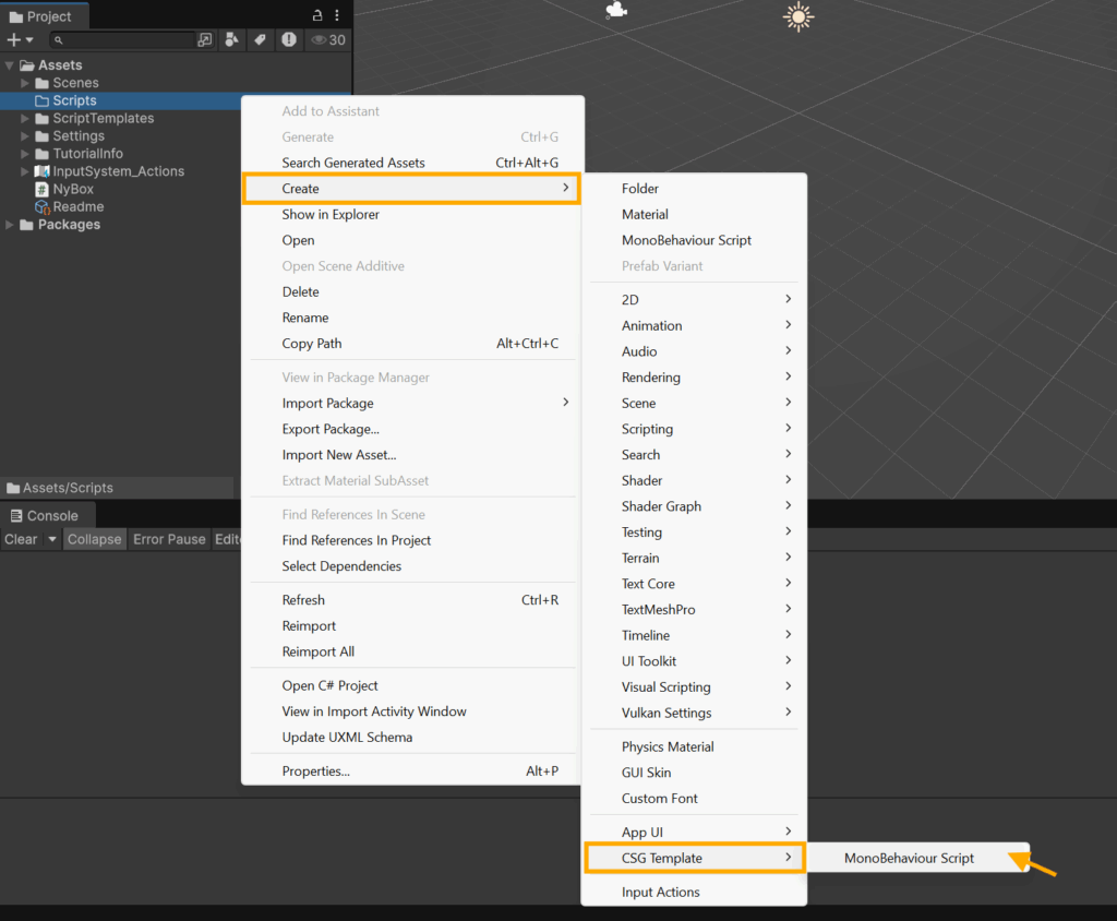 Notice the new CSG Template's category on the Create Menu
