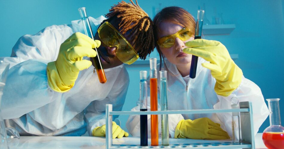 a man and a woman holding a test tube