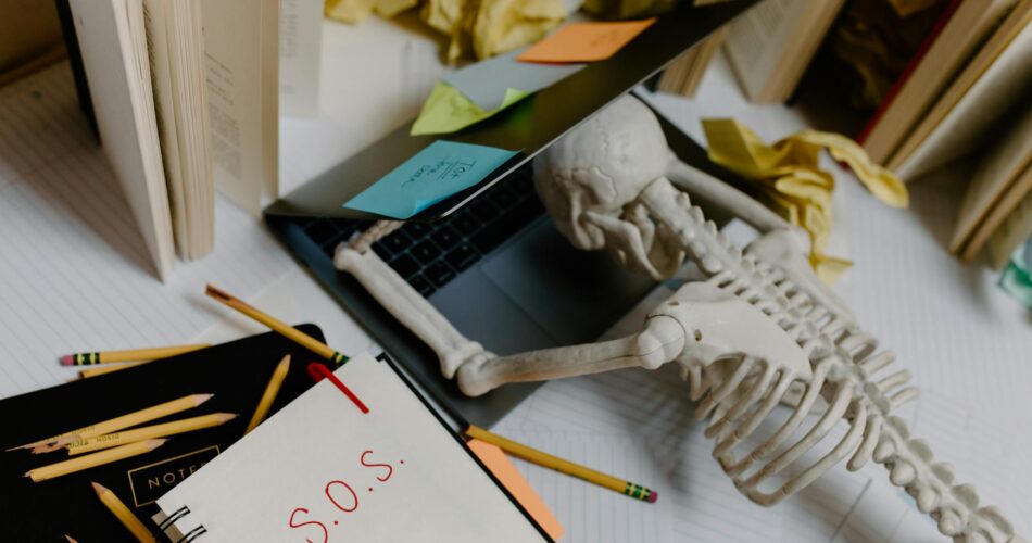 a skeleton leaning on a laptop