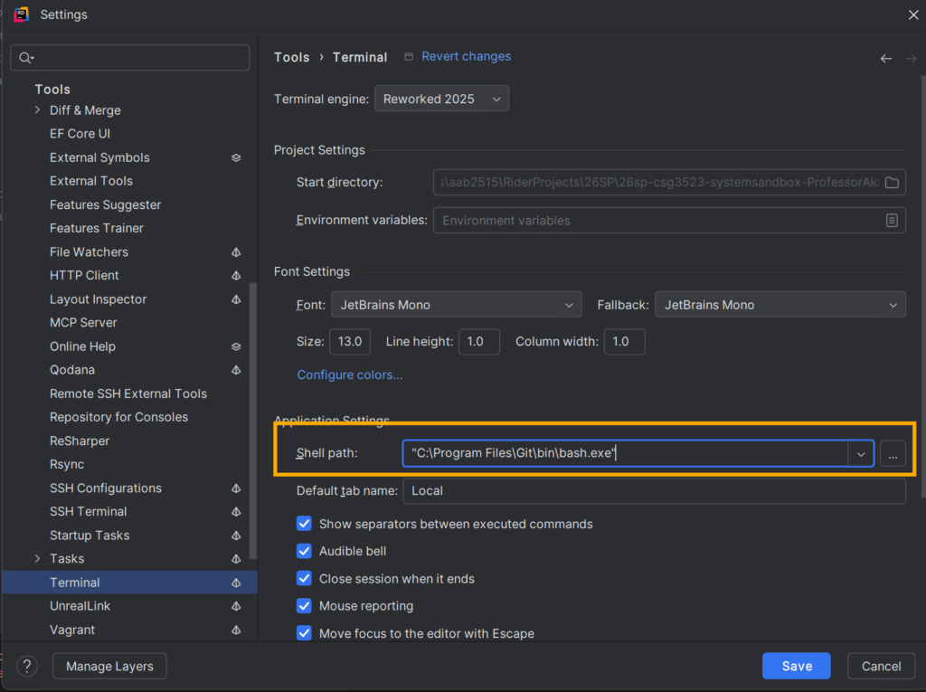 Set GitBash as the Terminal in JetBrains Rider